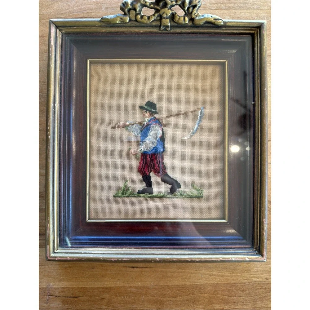 Vintage Framed Needlepoint Folk Art Peasant Figure Decorative Frame 5